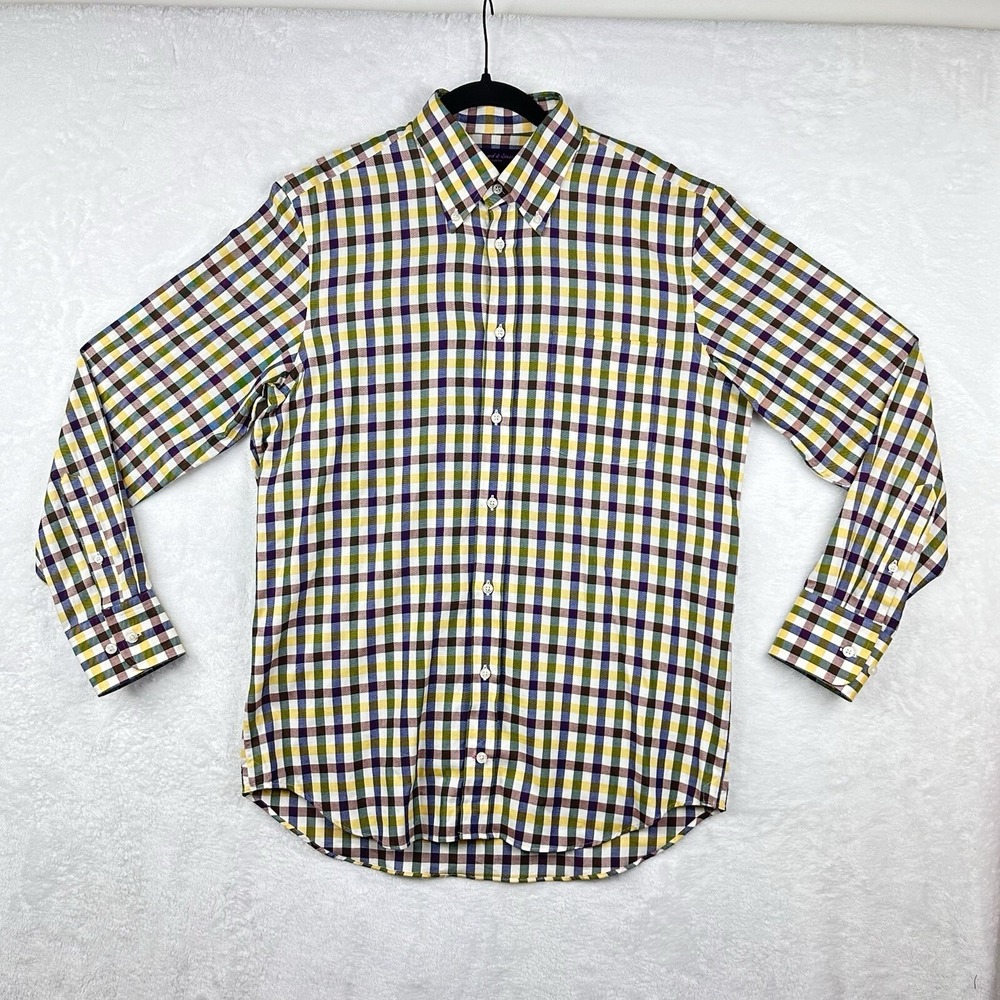 Seaward And‎ Stearn Mens Button Down Shirt Plaid Blue Yellow Purple Check EUC